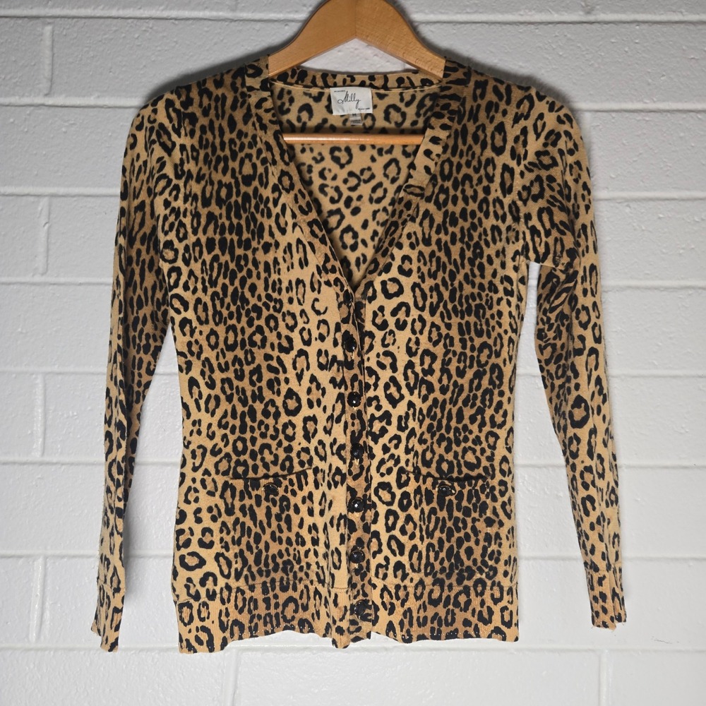 Vtg Milly Leopard Print Button Front Cardigan Medium Merino Wool Animal Print